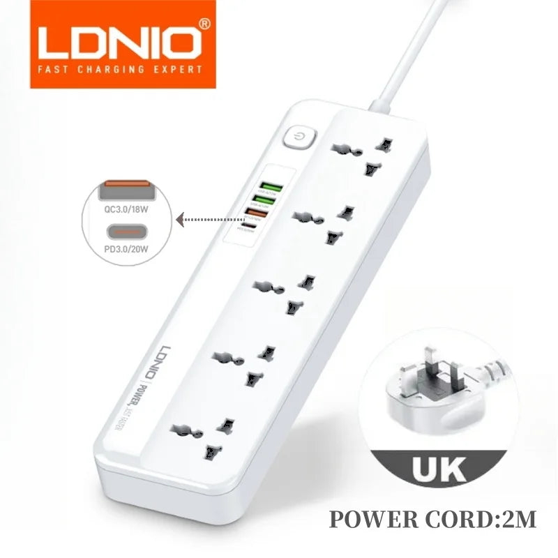 LDNIO Power Strip With 4 USB Pop Socket 2M Extension Cable Network Filter USB Fast Charging Multi Outlet Surge Protector Kr Plug