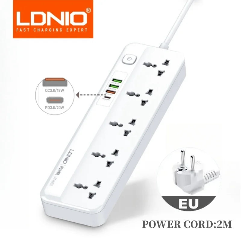 LDNIO Power Strip With 4 USB Pop Socket 2M Extension Cable Network Filter USB Fast Charging Multi Outlet Surge Protector Kr Plug