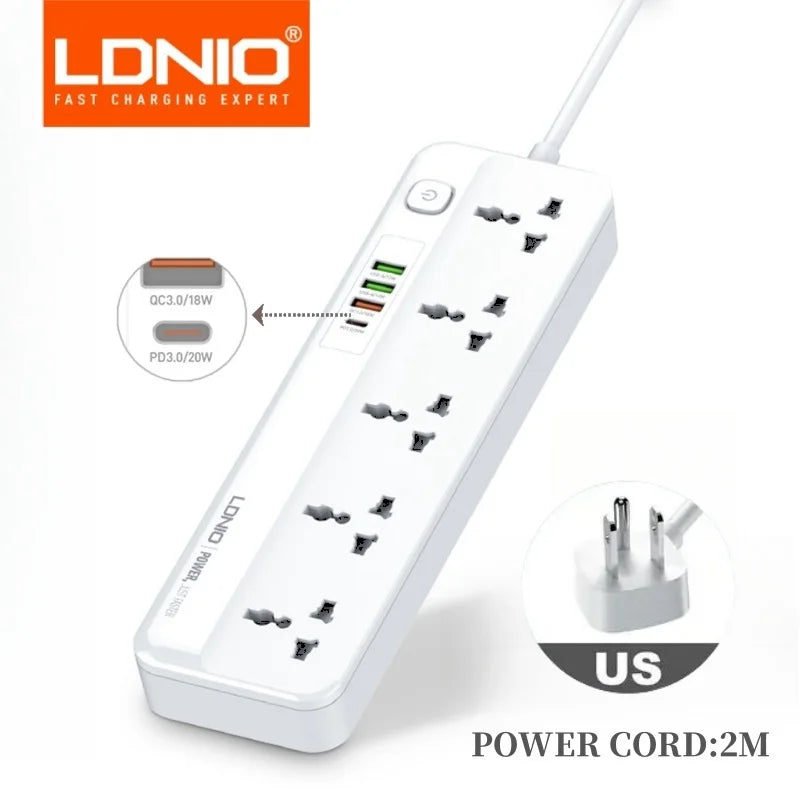 LDNIO Power Strip With 4 USB Pop Socket 2M Extension Cable Network Filter USB Fast Charging Multi Outlet Surge Protector Kr Plug